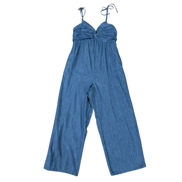 Old Navy Tie Shoulder Denim Twist Front Jumpsuit smocked back Blue size S NWT - Picture 3 of 9